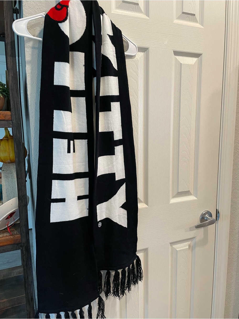Hello kitty By Sanrio Knit black White Block Letter logo Neck scarf with fringe